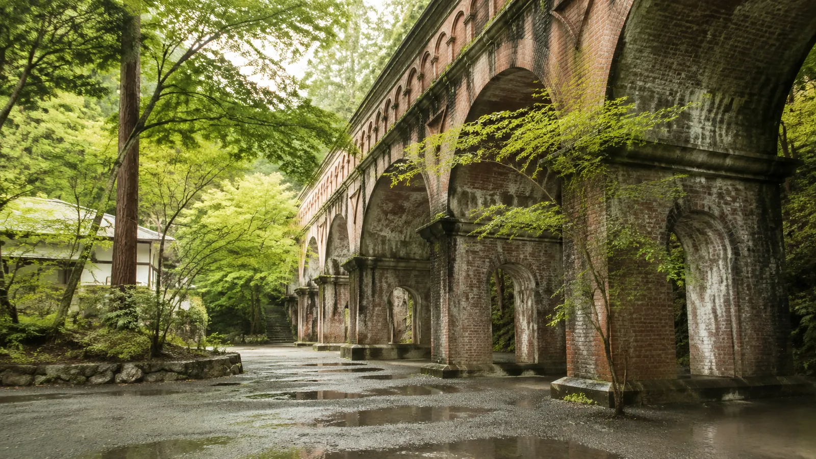 煉瓦アーチの水路と、みずみずしい青もみじ（イメージ）