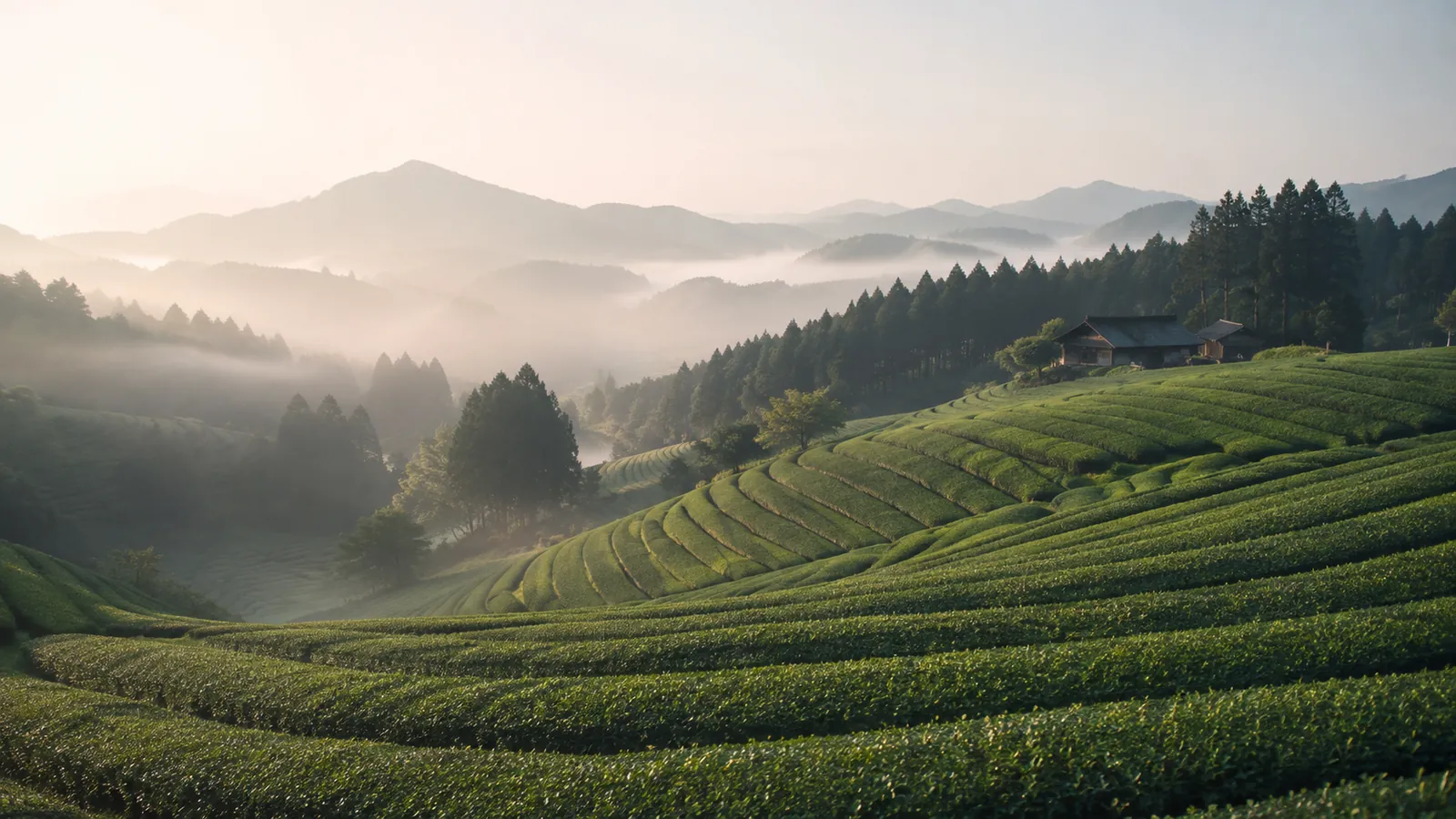 朝もやのなかにひろがる茶畑の丘（イメージ）