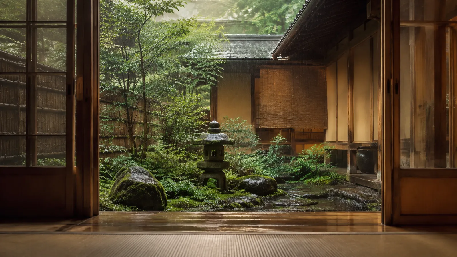 雨のふる町家の坪庭とシダ・石灯籠 ── 和の静けさ（イメージ）