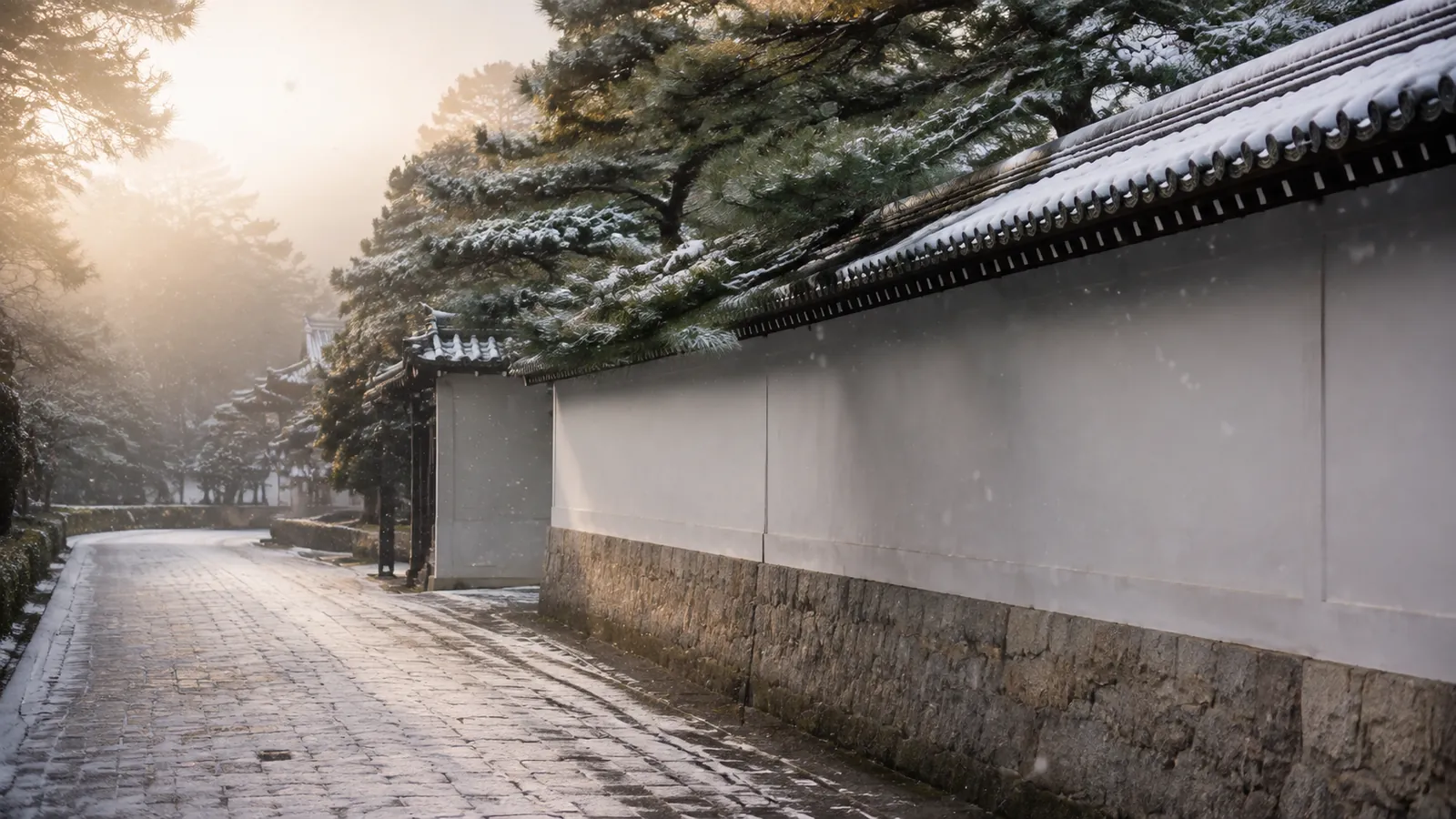 小雪のふる白壁の石畳と松 ── 冬の和の道（イメージ）