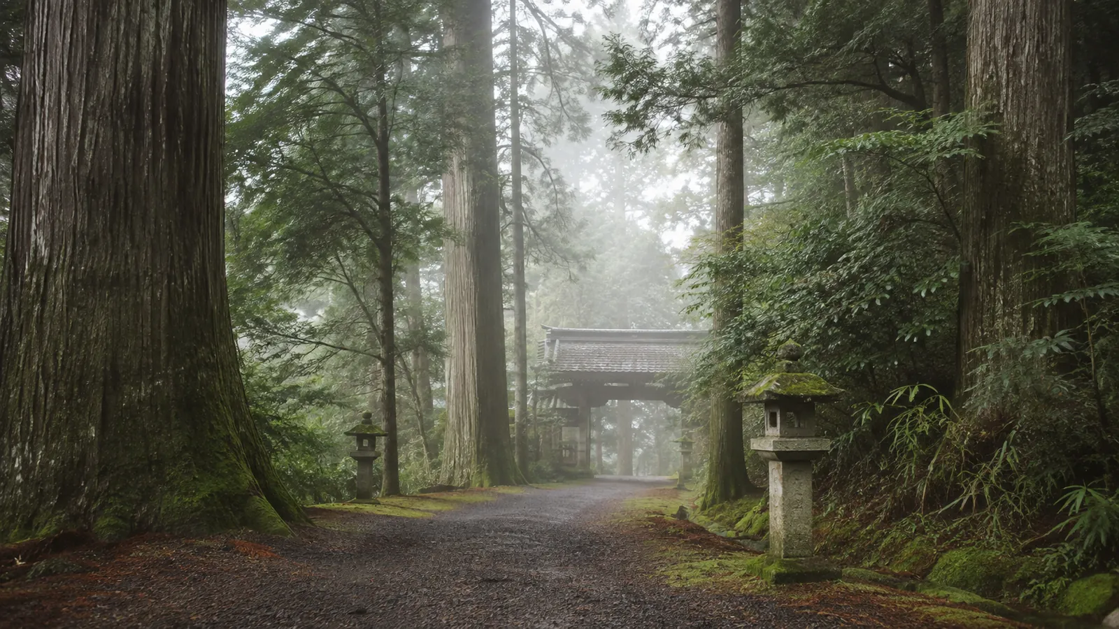 杉木立の山道に立ちこめる朝霧と石灯籠 ── 和の森（イメージ）