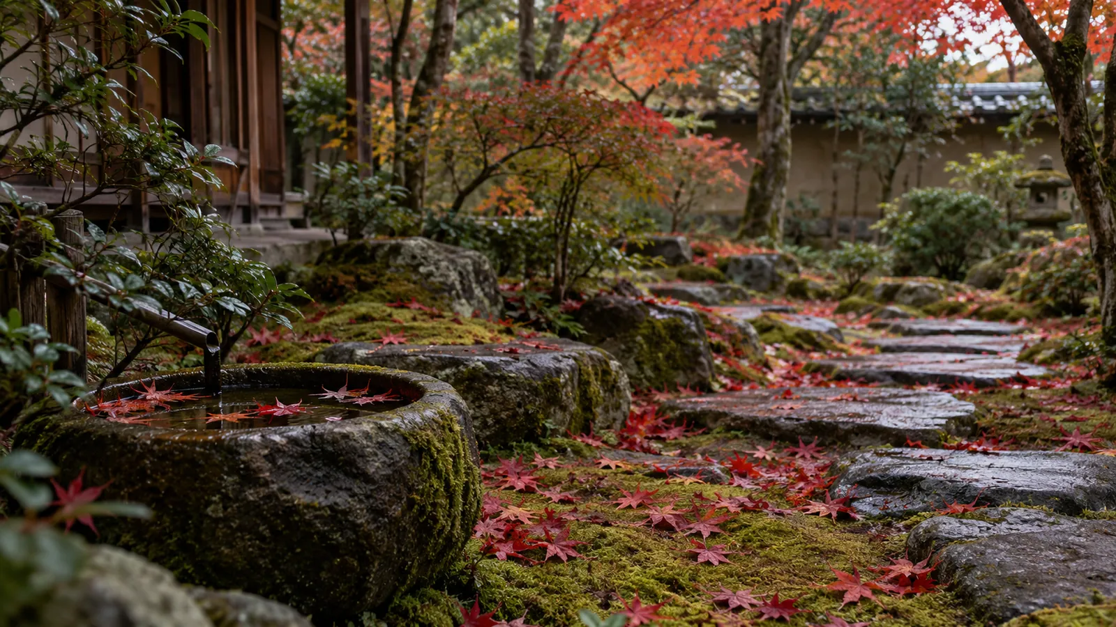 紅葉の浮かぶ苔むした手水鉢と飛石の庭（イメージ）