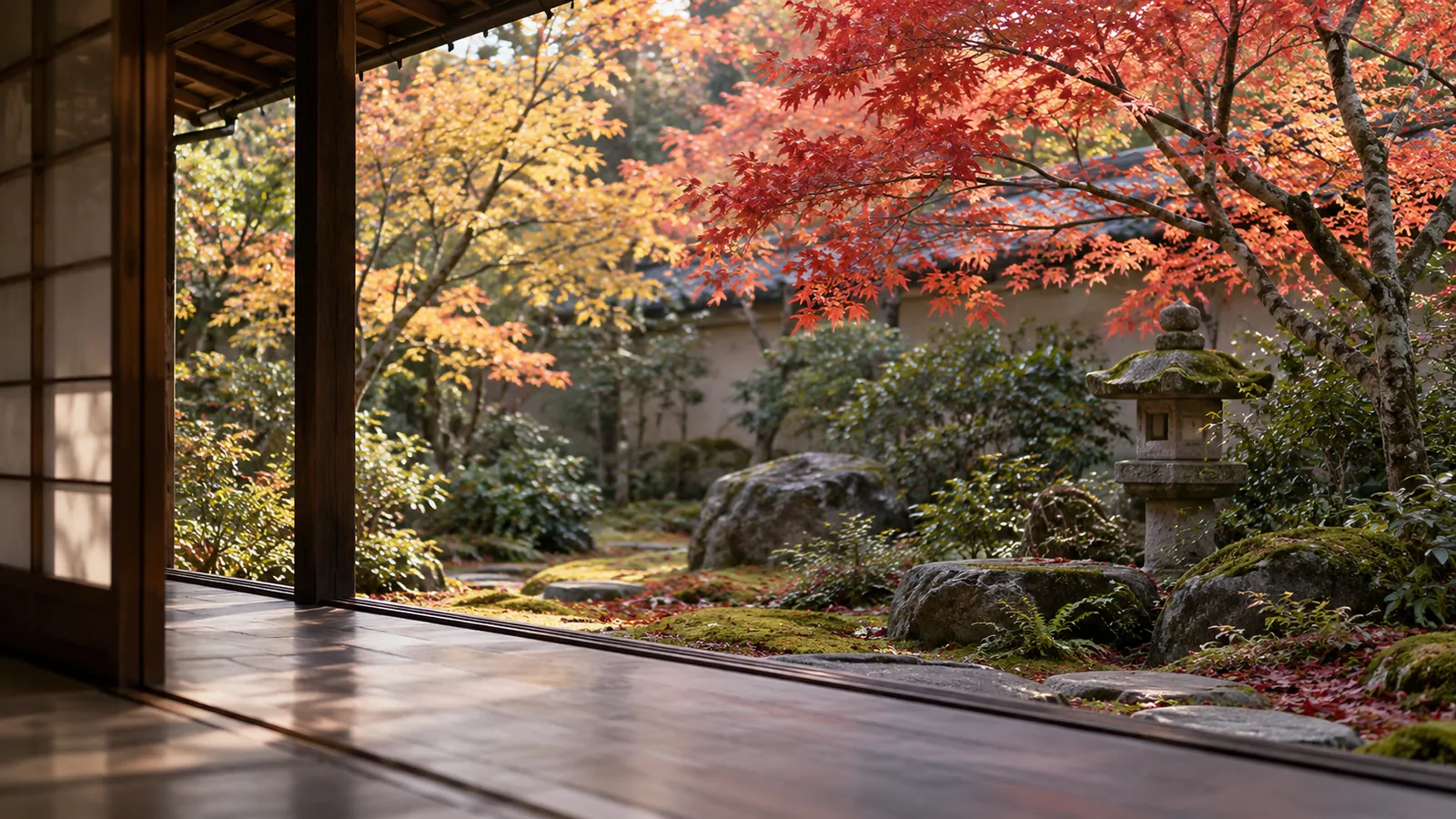 縁側から望む紅葉の庭と石灯籠 ── 秋の和の庭園（イメージ）