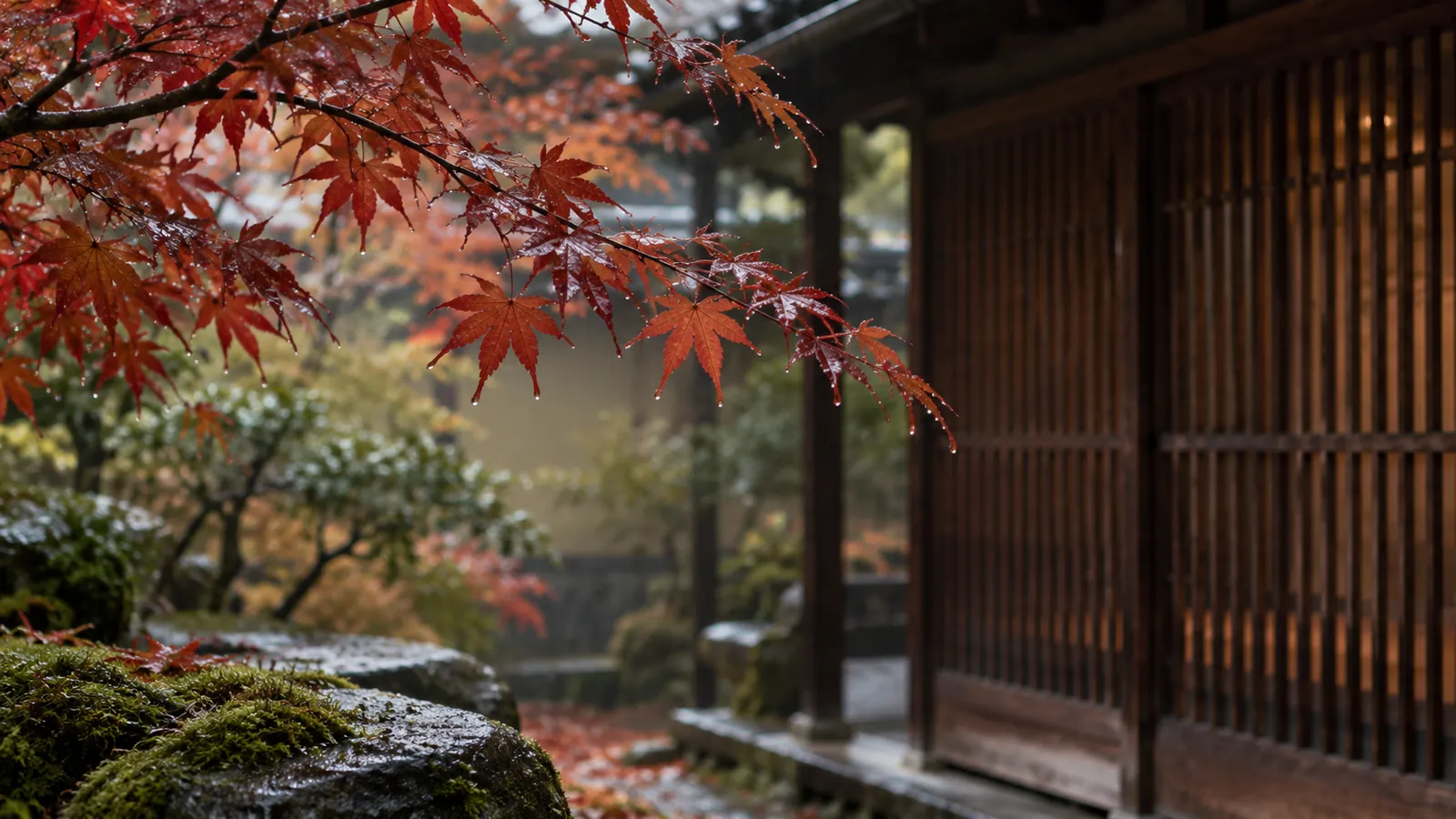 紅葉の枝と格子戸の町家、苔むした庭石（イメージ）