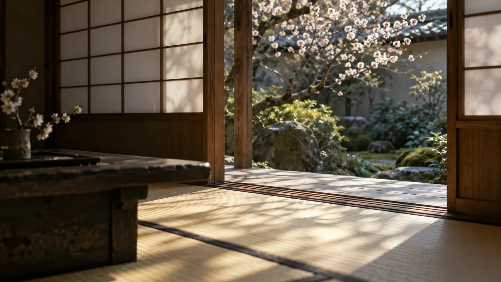 梅の枝を生けた畳の間と、花の咲く庭（イメージ）